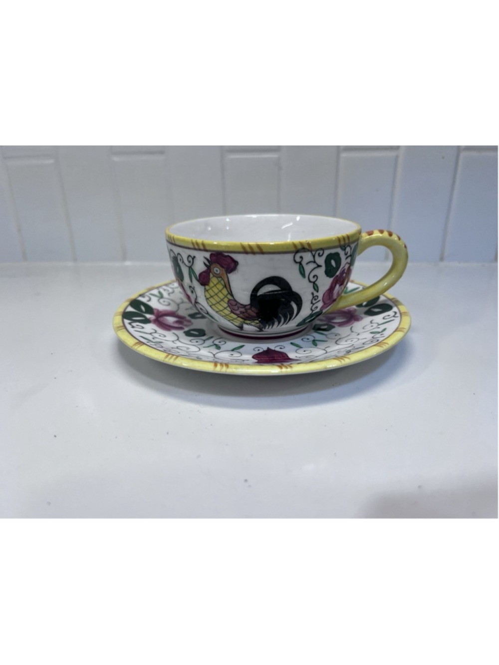 Vintage Early Provincial Rooster & Roses Tea Cup & Saucer Set UCAGCO Farmhouse